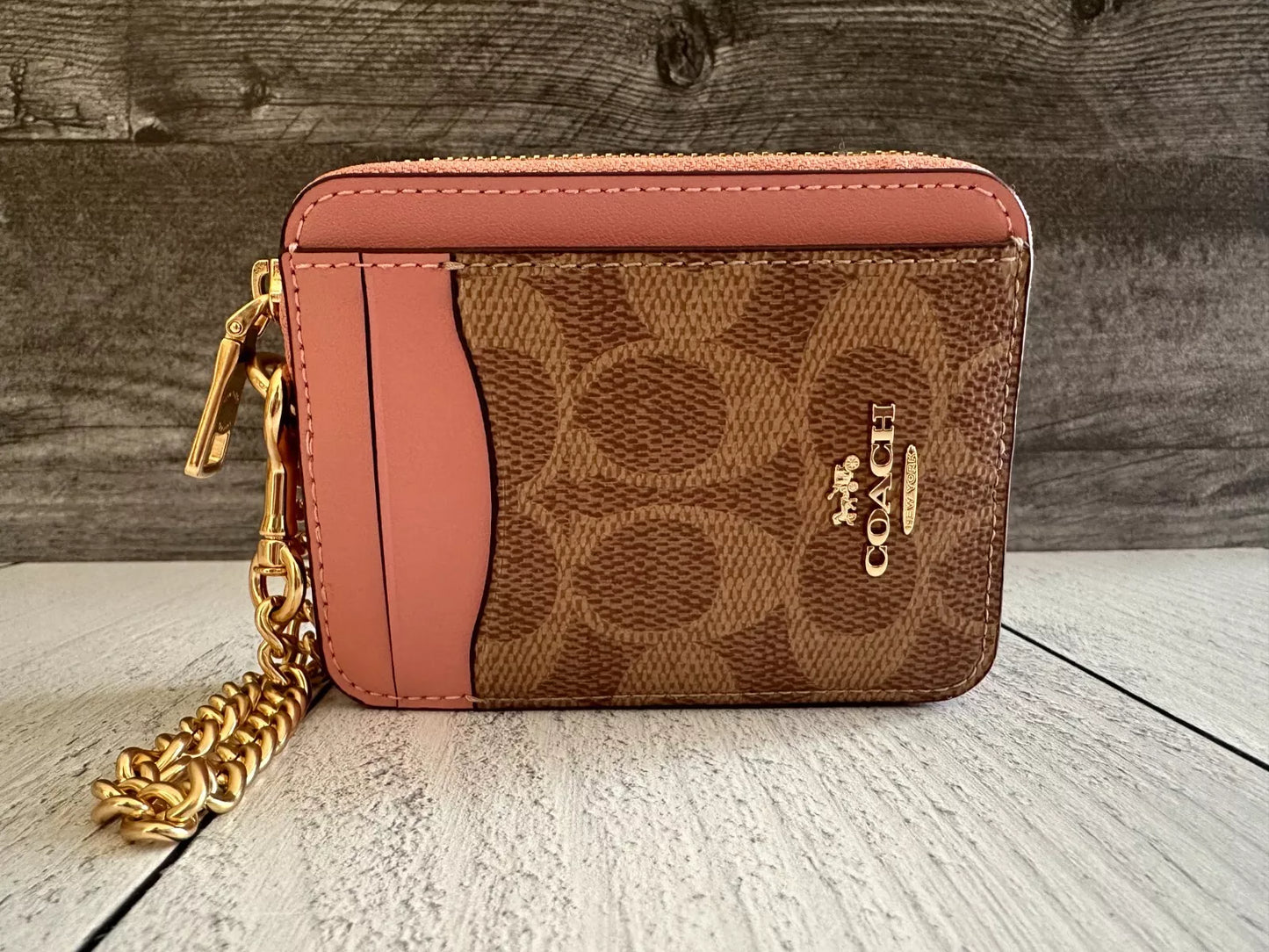 Monedero Coach Zip Card Case Rosa Marrón