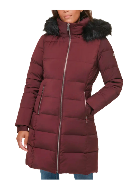 Chamarra Para Mujer Calvin Klein Walker Down Puffer Coat with Faux Fur Trim -Burgundy