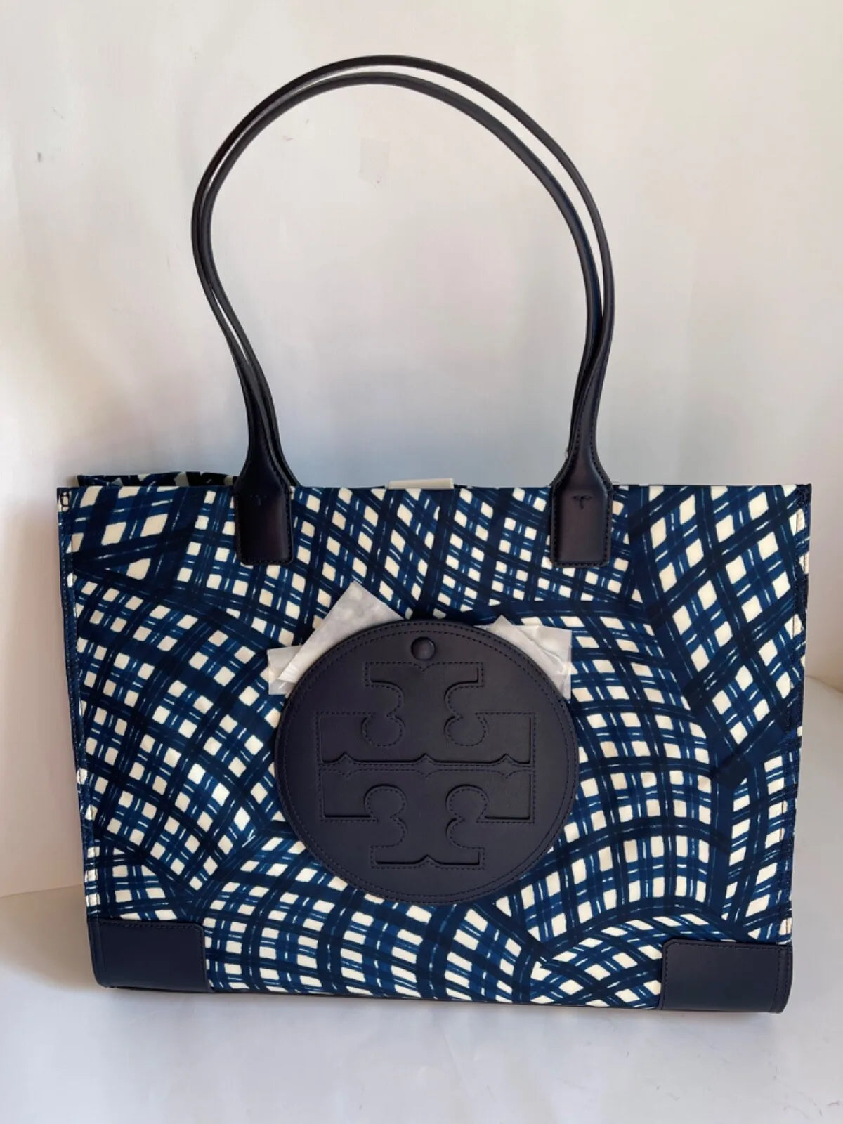 Tory Burch Ella Tote Bag Navy Warped Gingham