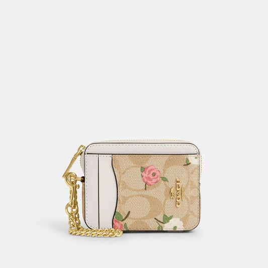 Monedero Coach Zip Card Case Beige Flores