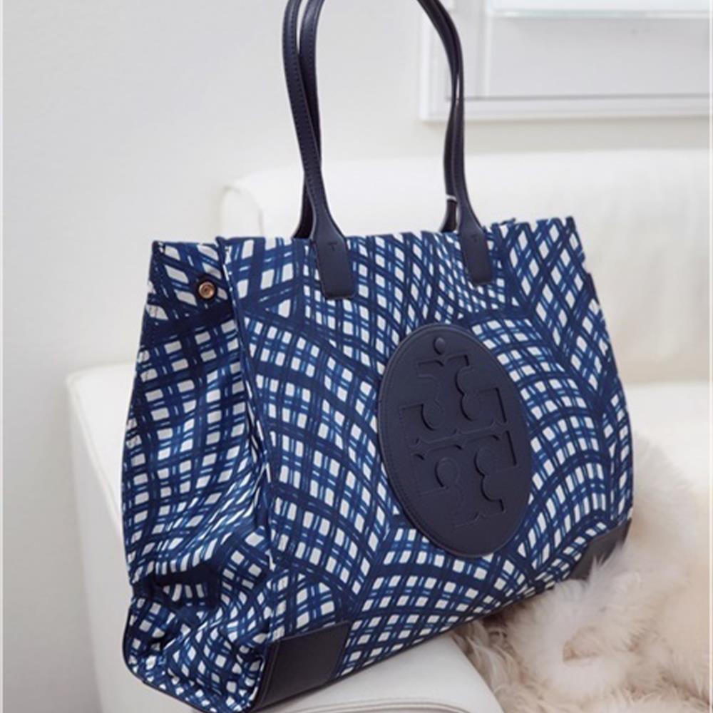 Tory Burch Ella Tote Bag Navy Warped Gingham