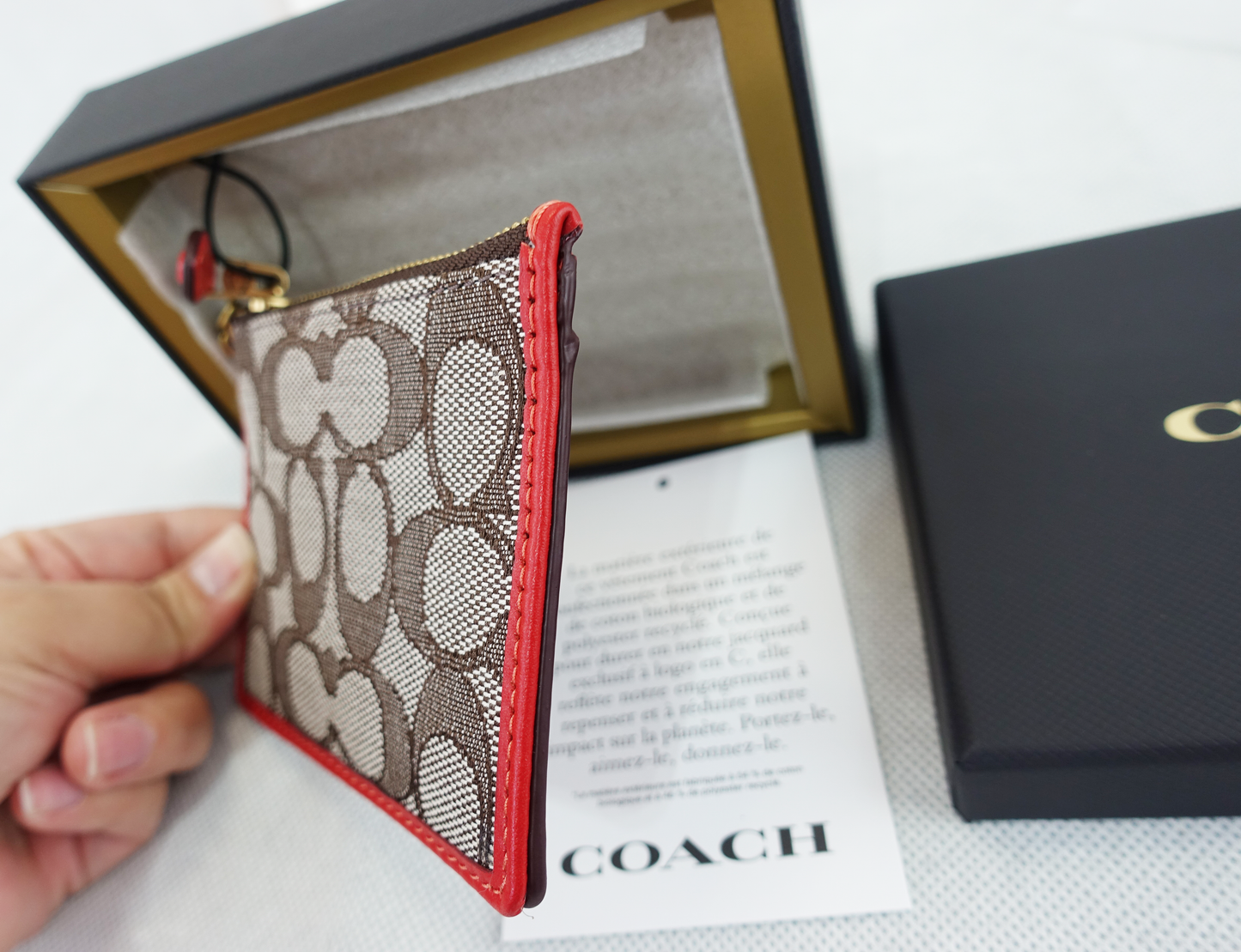 Monedero Tarjetero Coach Mini Skinny ID Card Case with box - MARRÓN/ROJO