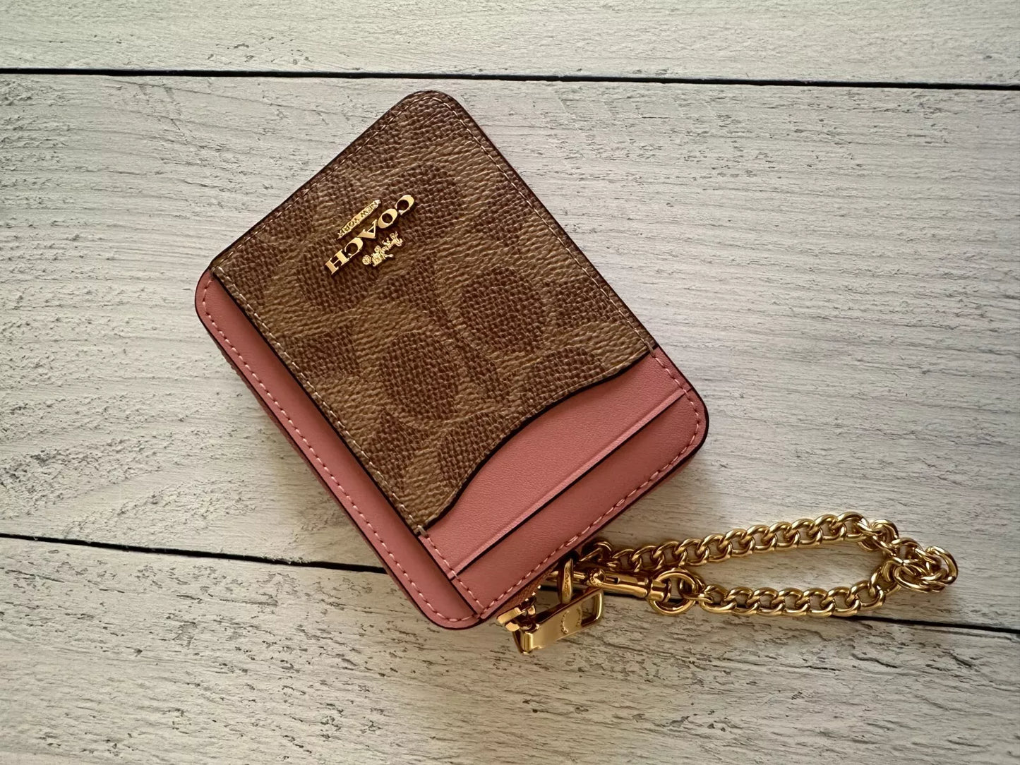Monedero Coach Zip Card Case Rosa Marrón