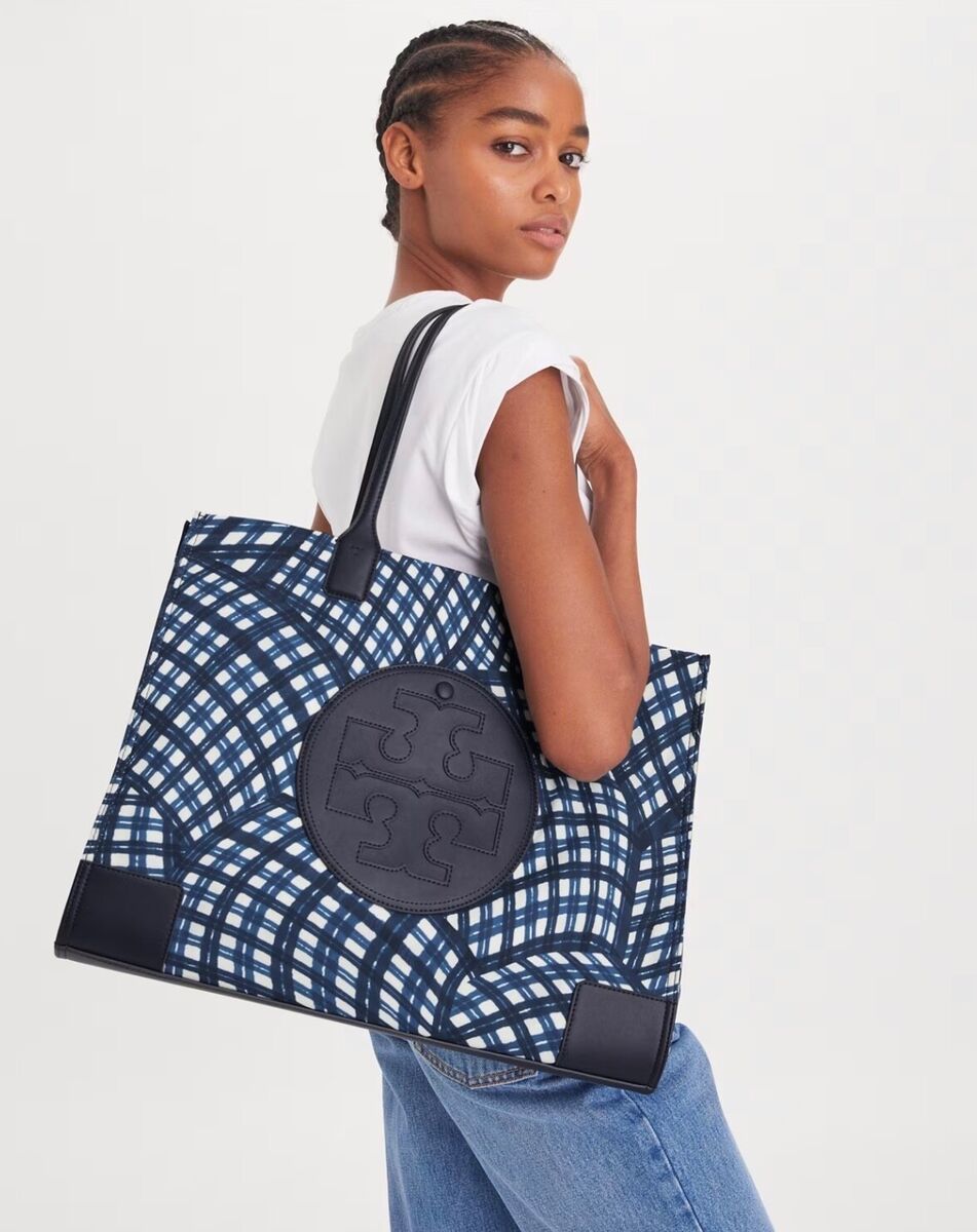 Tory Burch Ella Tote Bag Navy Warped Gingham