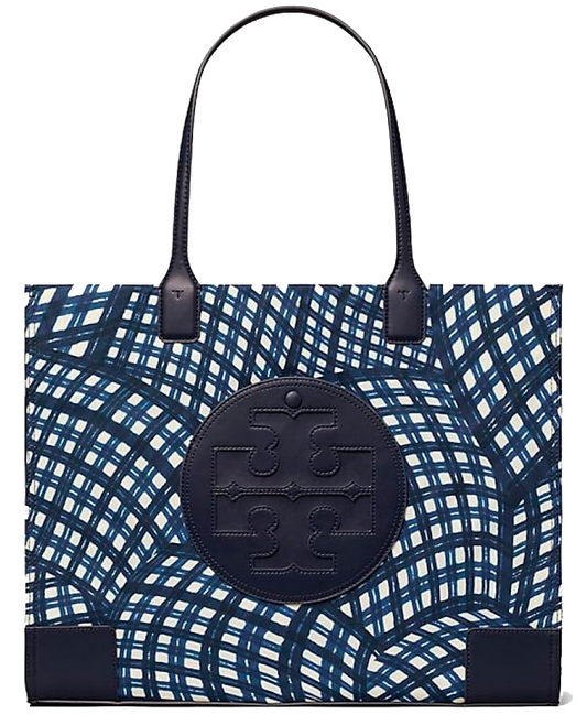 Tory Burch Ella Tote Bag Navy Warped Gingham