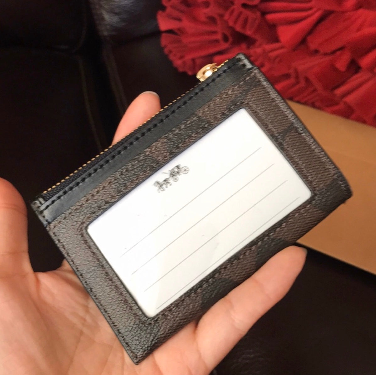 Tarjetero Coach Signature Mini Skinny Id Case Cafe Oscuro Negro