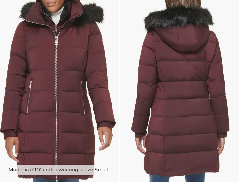 Chamarra Para Mujer Calvin Klein Walker Down Puffer Coat with Faux Fur Trim -Burgundy