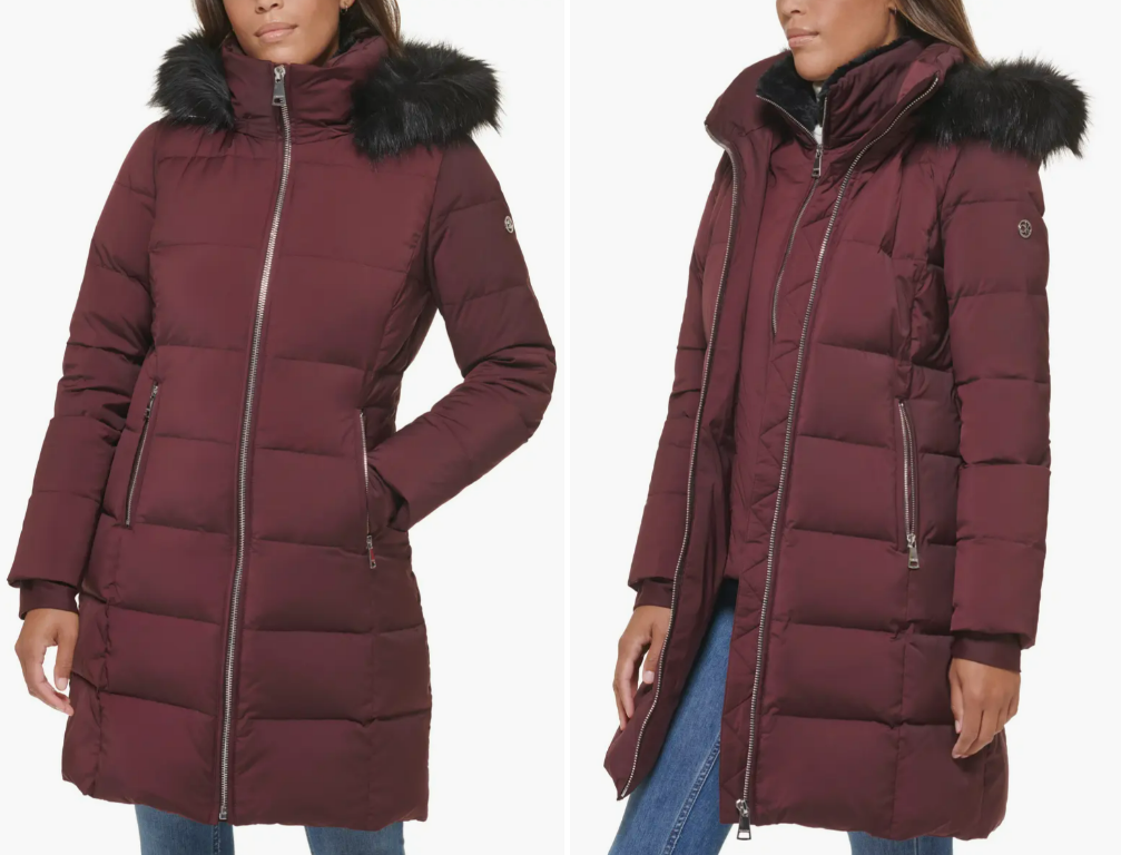 Chamarra Para Mujer Calvin Klein Walker Down Puffer Coat with Faux Fur Trim -Burgundy