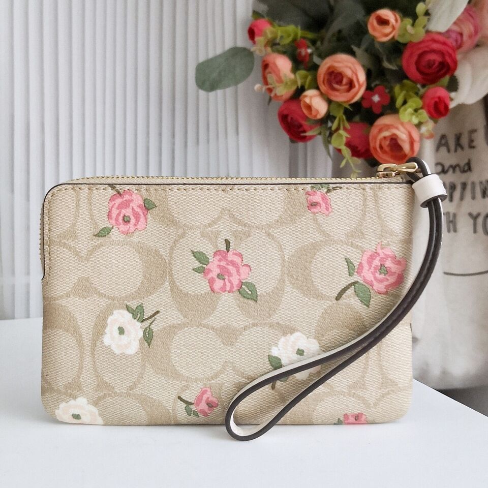 Monedero Coach Corner Zip Flower Printed Beige