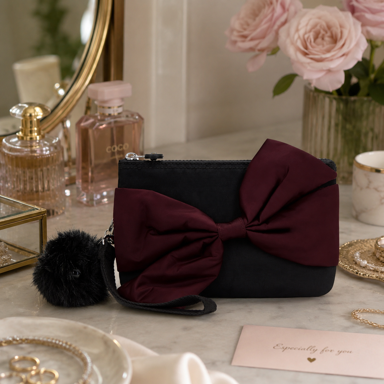 Monedero Kipling Creativity Extra Large Bow Wristlet - Black Merlot