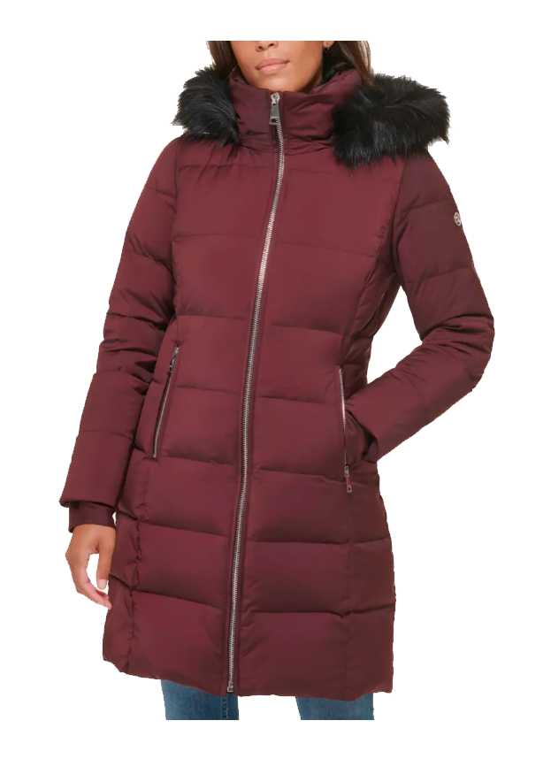 Chamarra Para Mujer Calvin Klein Walker Down Puffer Coat with Faux Fur Trim -Burgundy