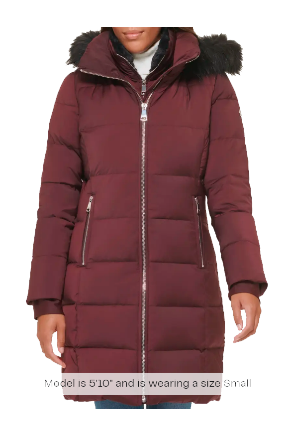 Chamarra Para Mujer Calvin Klein Walker Down Puffer Coat with Faux Fur Trim -Burgundy