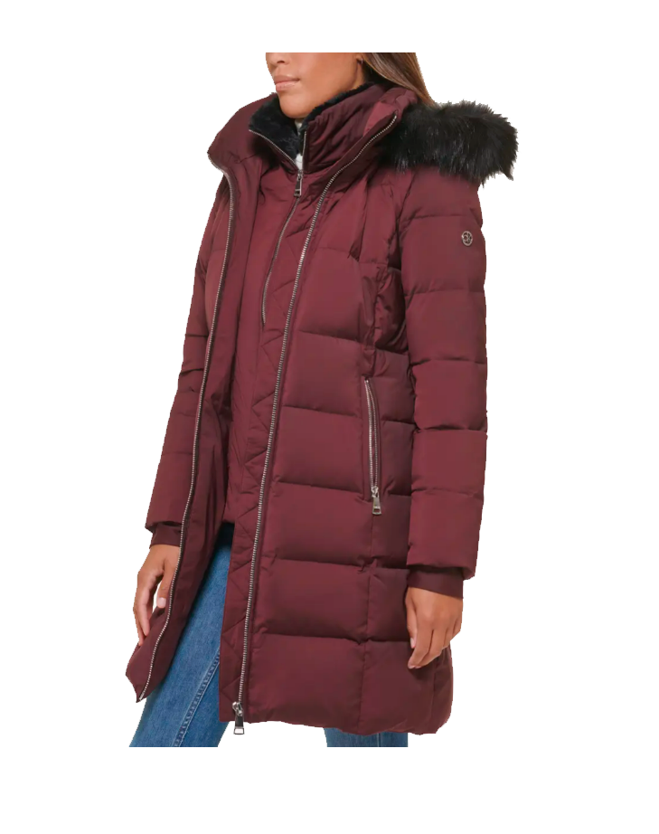 Chamarra Para Mujer Calvin Klein Walker Down Puffer Coat with Faux Fur Trim -Burgundy