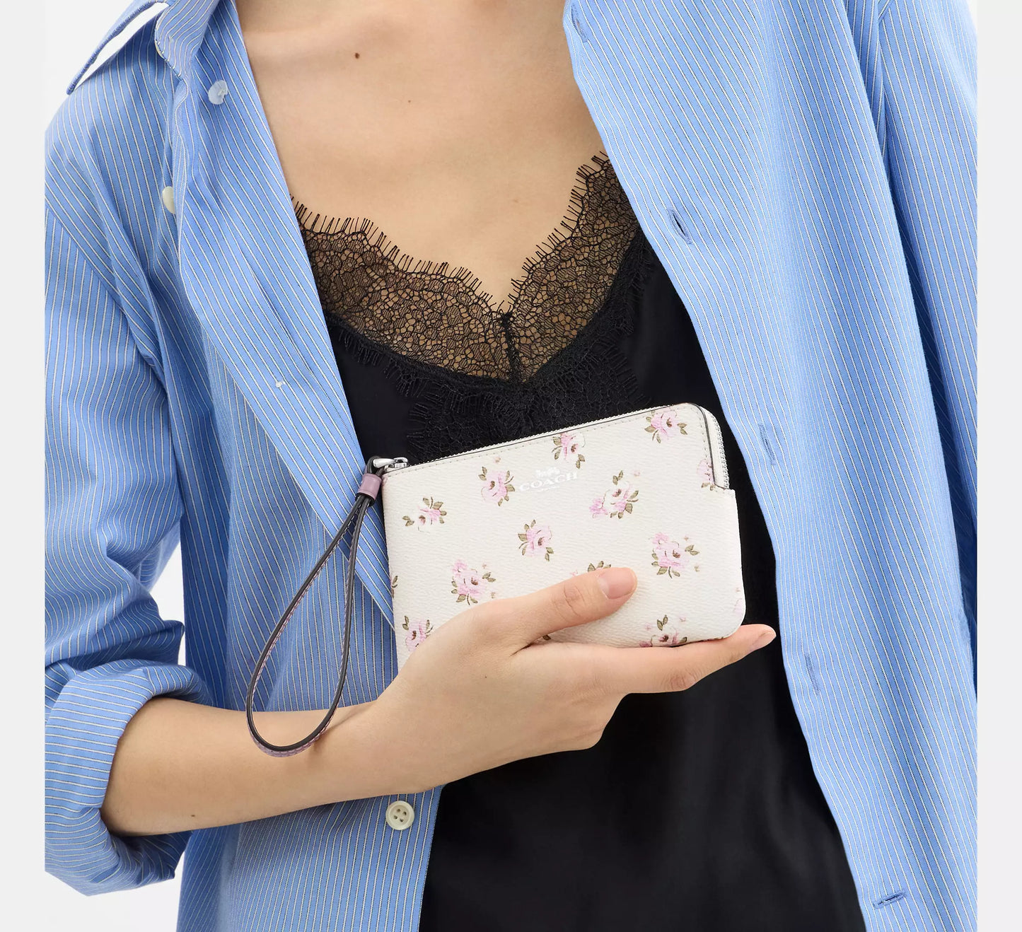 Monedero Coach Corner Zip Flower Printed Beige Morado